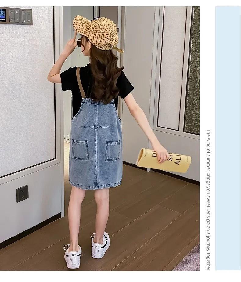 Short Sleeve T-Shirt+Denim Suspender Skirt for girls - Elite Kids