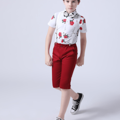 Flower printed shirt with bow and belt + short 4 pcs dress for boys