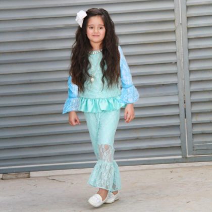 STRETCHABLE NET JARSI STYLISH FROCK FOR GIRLS Aqua