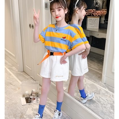 3pc Casual style stripe t shirt+shorts with belt summer dress for girls