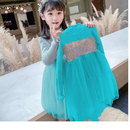 SEQUINS KNITTED CHIFFON BALL GOWN FROCK FLOWER WINTER DRESS STUFF WITH FLEECE