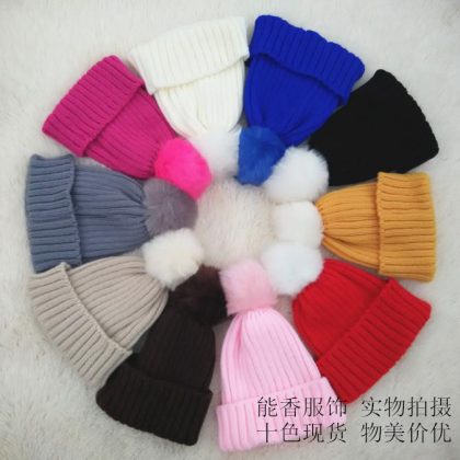 Pompom cap Elastic beanie fur cap for girls and boys