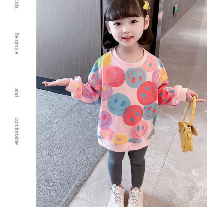 Top smile printing botom pant 2pcs set dress for girls