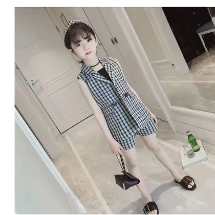 Plaid pattern vest+t-shirt+short 3 pcs summer dress for grils