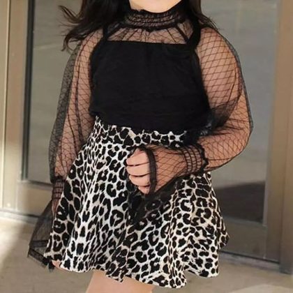 Leopard print skirt ruffles lace top shirt with skirt dress for girls