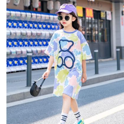 Long top cartoon bear print losse shirt for girls And Boys