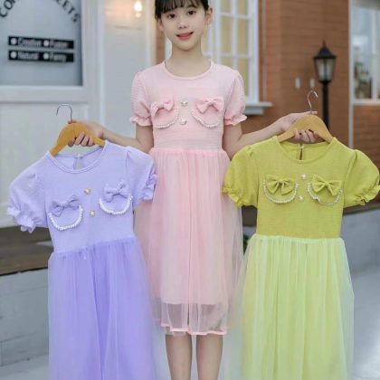 Half sleeve summer frock with fake pocket for girls