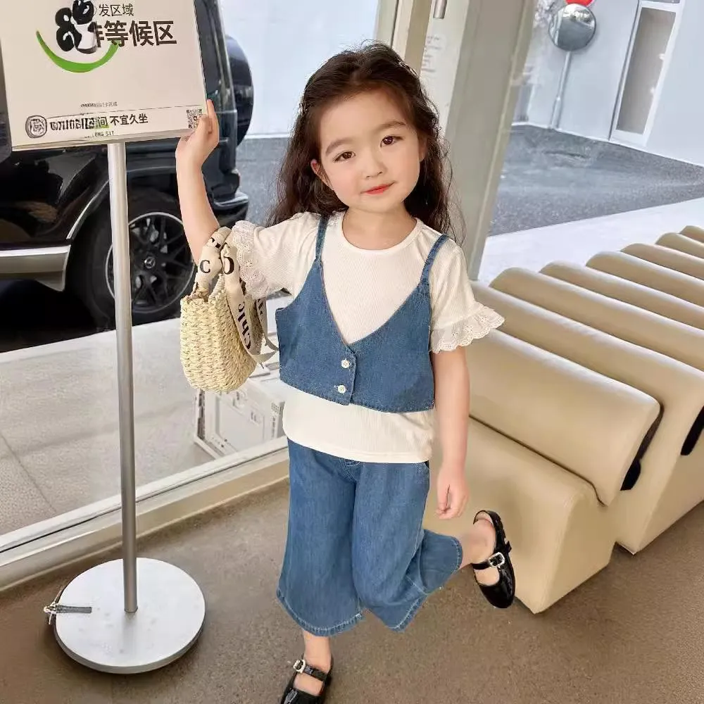 Denim short With Sleeved Lace t-shirt + Jacket Suspenders with pant 3 pcs Dress for girls