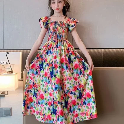 New floral pattern casual summer dress for girls