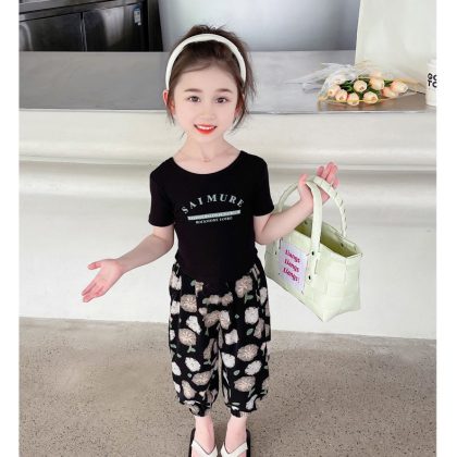 Half sleeve shirt with flower printed trouser dress for girls