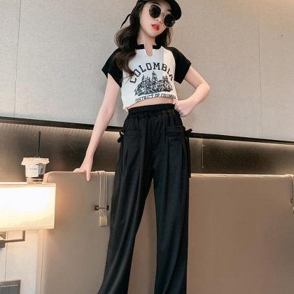 Crop top t-shirt+wide leg long trouser 2 pcs dress for girls
