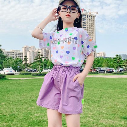 Heart printed shirt+short 2 pcs dress for girls