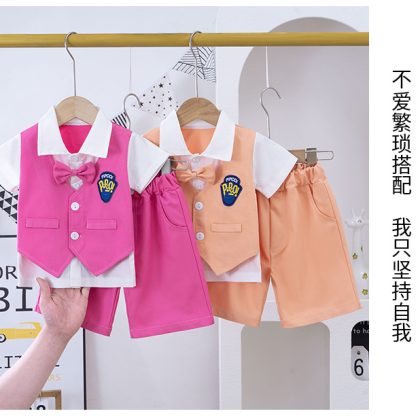 Fake jacket style shirt with short+bow 3 pcs dress for boys