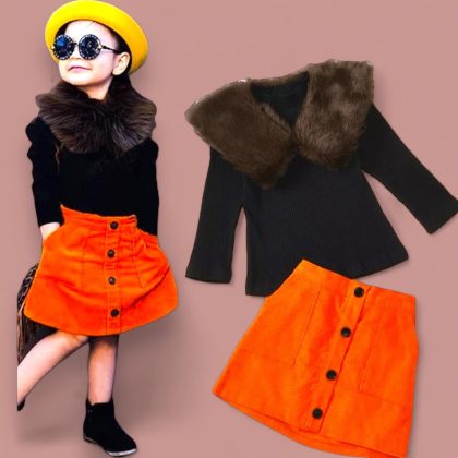 Fur collar hoolow sweater + open pocket skirt dress for girls