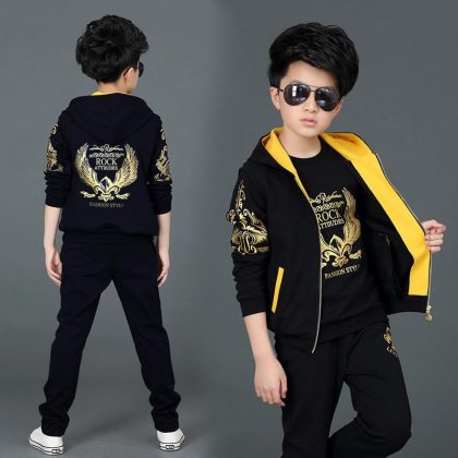3 Pcs Winter Tracksuits For Boys And Girls Hoodie+ Shirt + Trouser Black And Golden Luxury Look